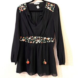 Tory Burch Black Fleur Tunic Top Womens Size 8 Embroidered Pom Pom Linen Blend